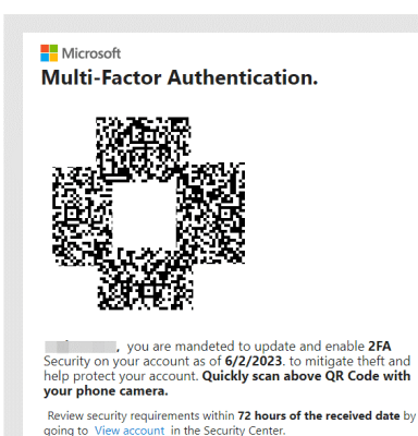 Example of QR code using in phishing attack against major US energy company, 