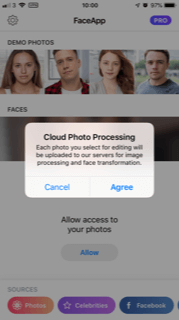 Notification to allow Cloud Photo Processing on Faceapp