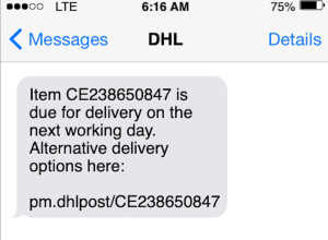 SMS phishing text from DHL