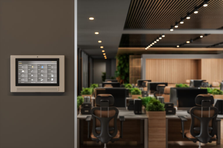 Smart Control System With App Icons On A Digital Screen In Modern Office With Blurred Background