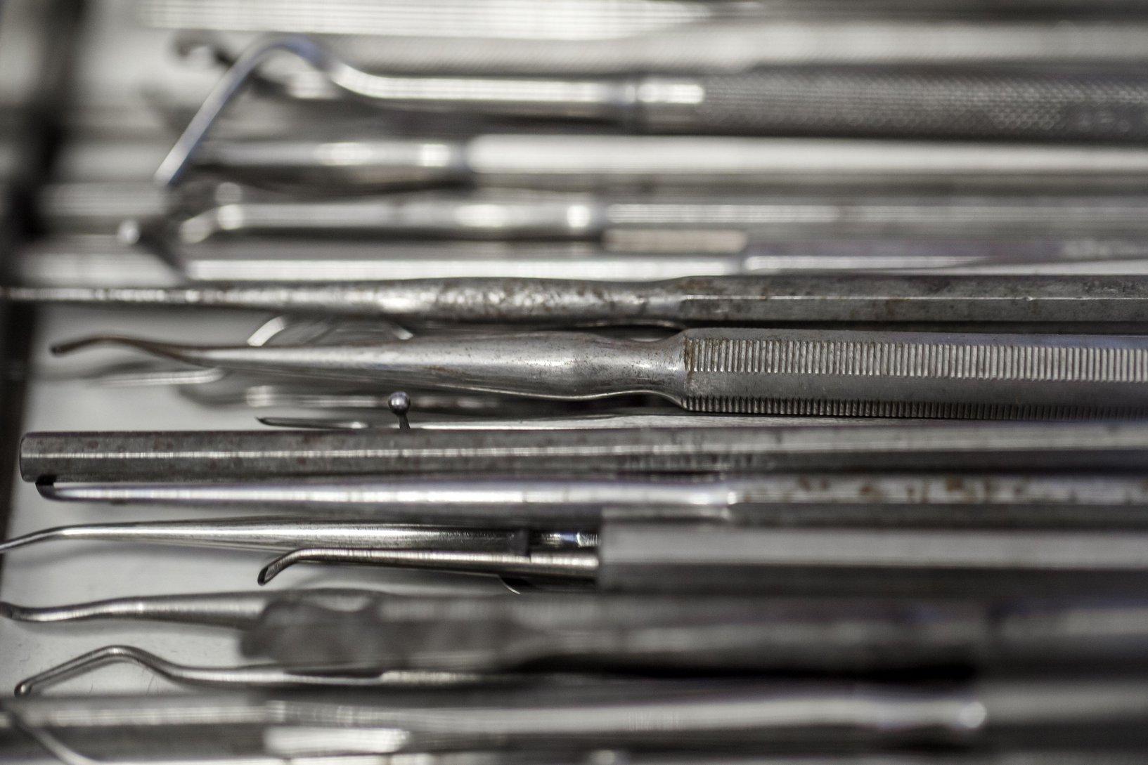 Close-up view of a collection of metal dental tools arranged in a tray.