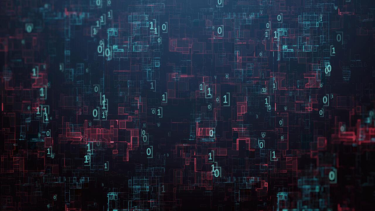 Complex network of binary code highlighting data flow and cybersecurity concepts