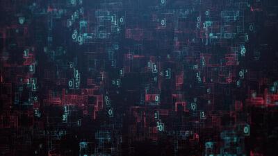 Complex network of binary code highlighting data flow and cybersecurity concepts