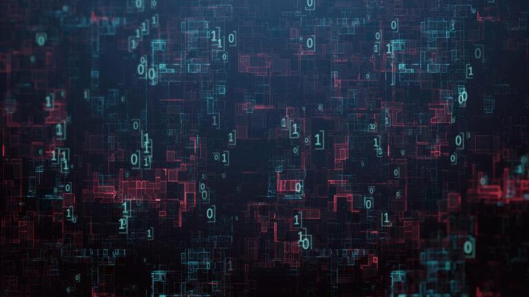 Complex network of binary code highlighting data flow and cybersecurity concepts