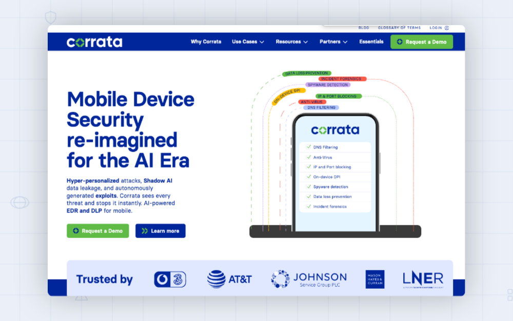 screenshot of corrata mobile security software website