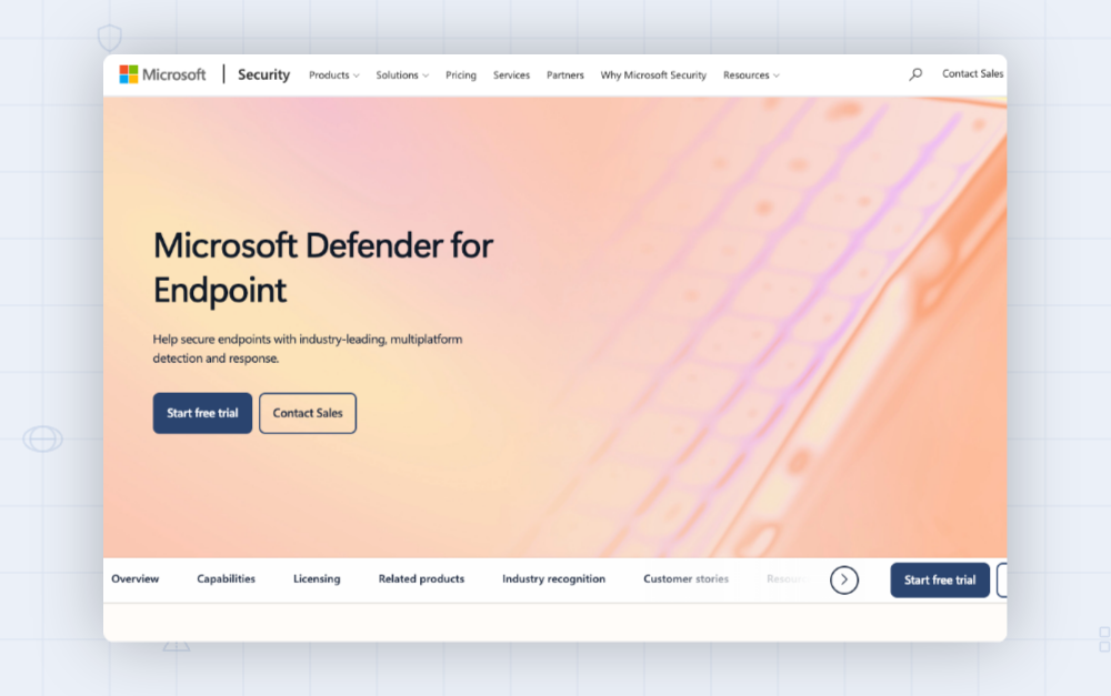 screenshot of ms defender website
