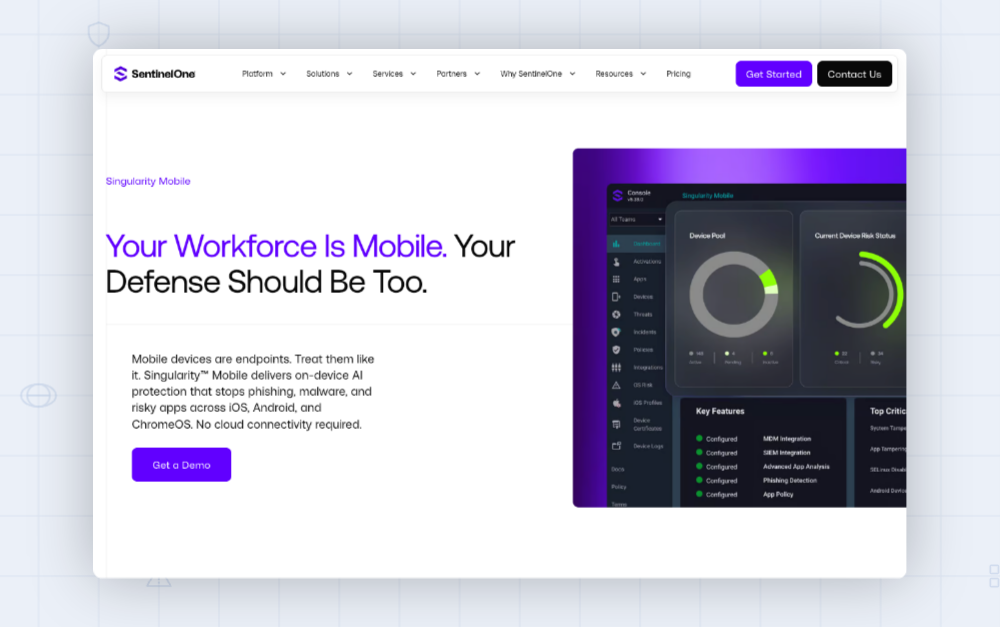 screenshot of senintelone mobile security website