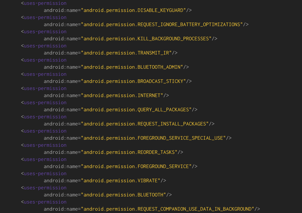 The list of permissions a version of the malware asks for